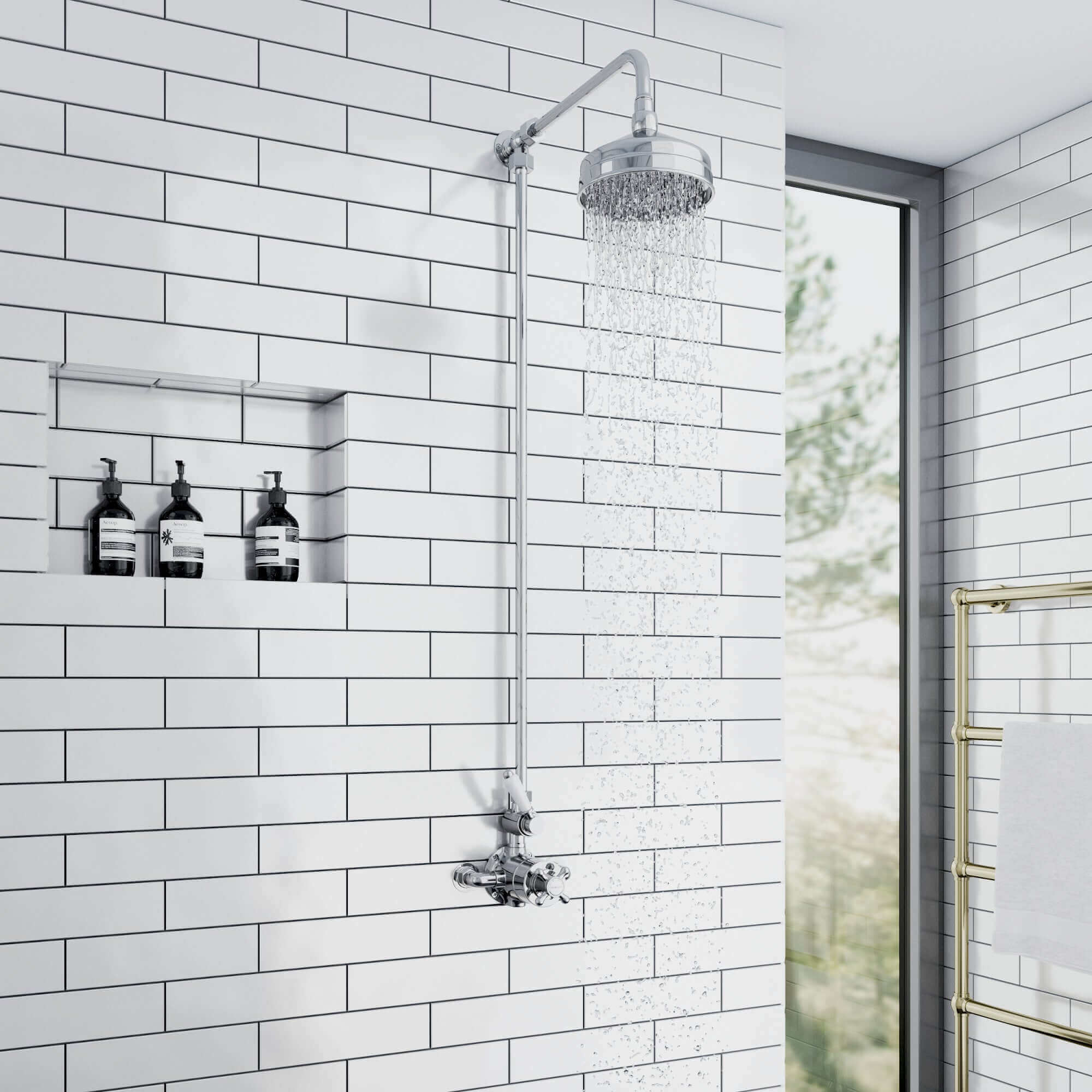 Buy Downton Exposed Traditional Thermostatic Shower Set Single Outlet Incl. Twin Shower Valve, Rigid Riser Rail, 150mm Shower Head - Chrome Online UK | HOUSE OF ENKI